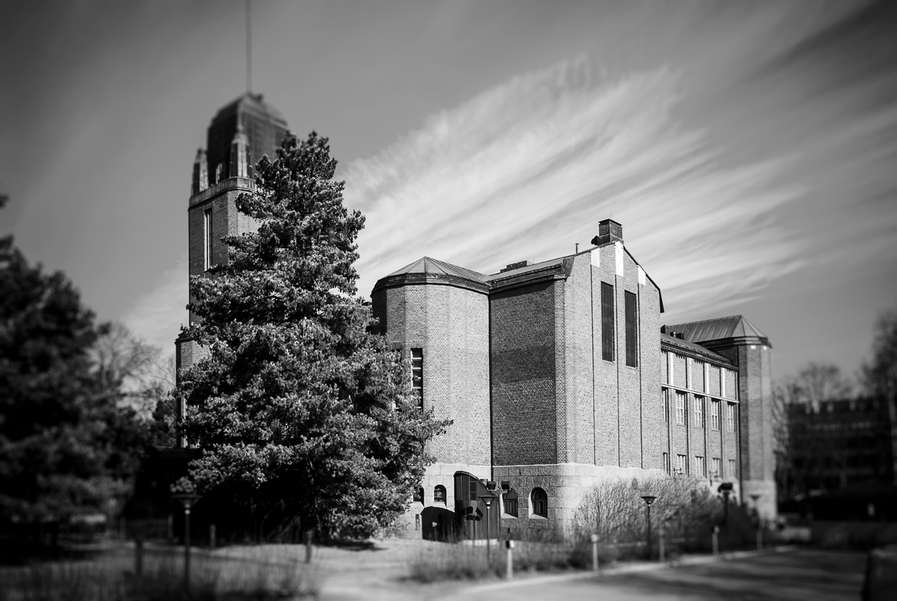 Black-and-white exterior view of Joensuu City Hall