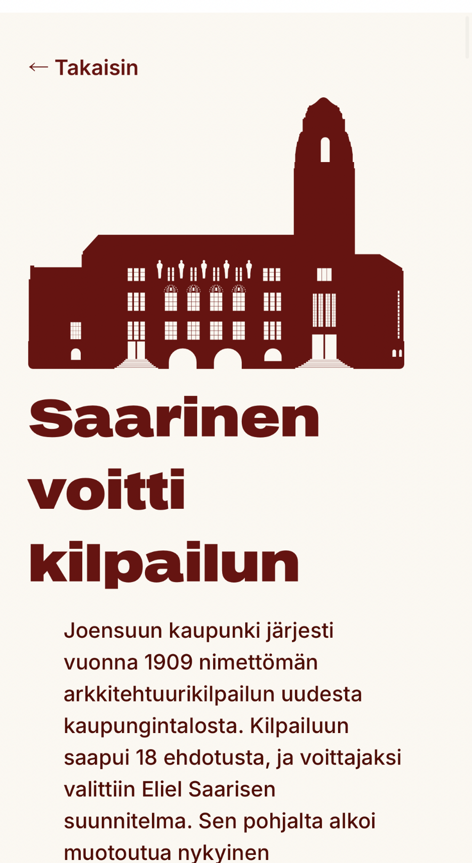 Detailed mobile story about Eliel Saarinen winning the competition